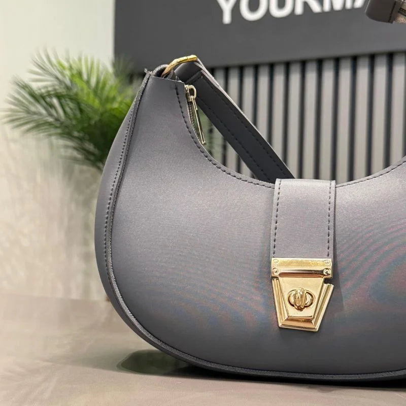 Crescent Luxury Faux Leather Shoulder Bag | Dark Gray Elegant Handbag for Women
