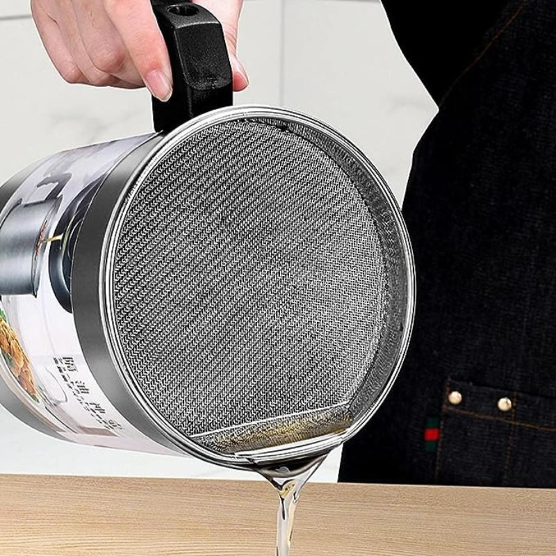 1.4L Fryer Oil Filter Pot Carbon Steel Jug with Stainless Steel Strainer Lid